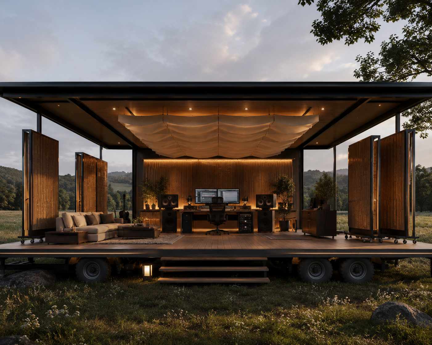 A modern recording studio with open wooden doors, warm interior lighting, and scenic countryside views